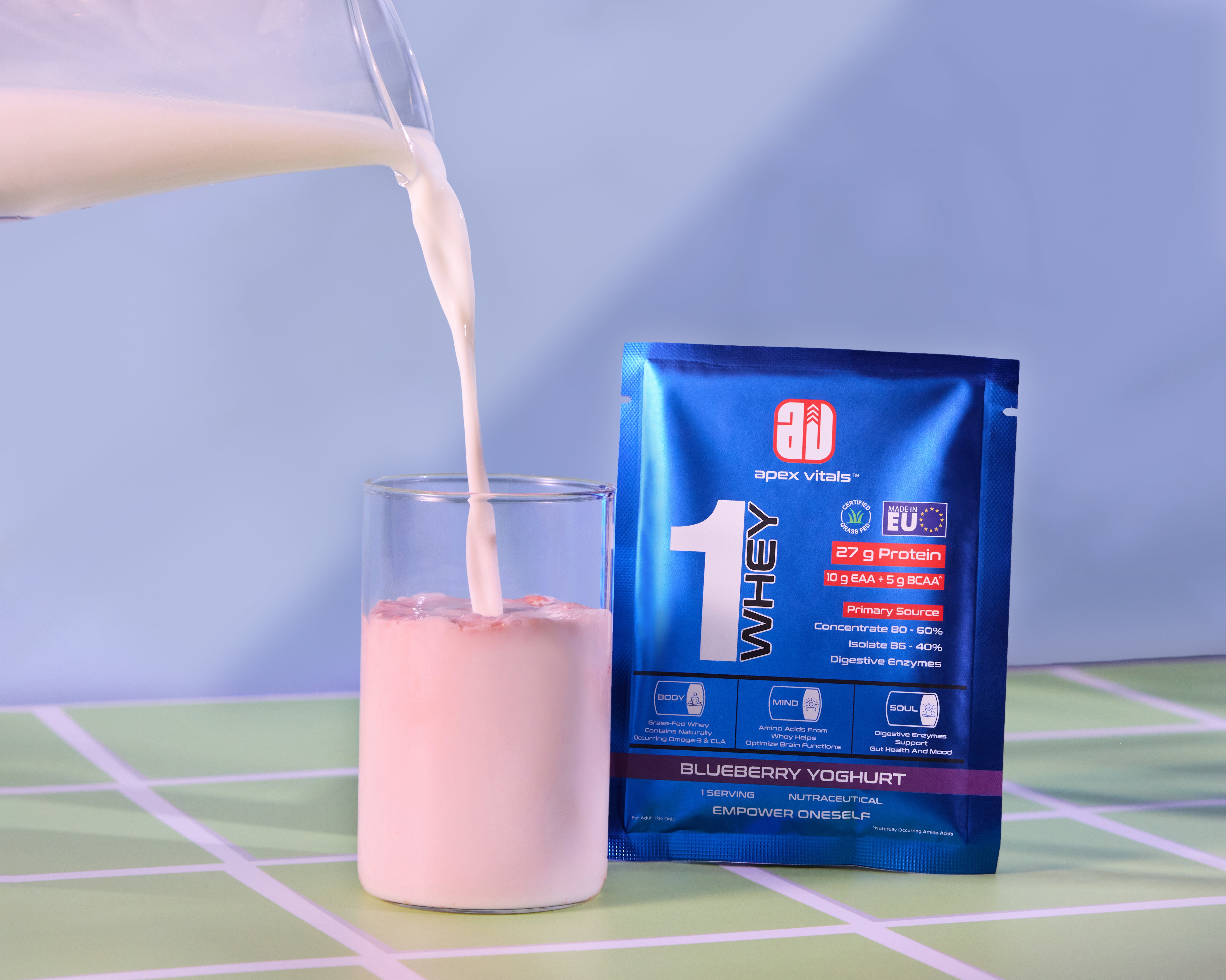 Apex Vitals 1 Whey Protein Powder | Whey Protein Concentrate Blend | Grass-Fed Whey | 27g Protein/Scoop | 10g EAA+5G BCAA | Digestive Enzymes | FDA & FSSAI Certified | Assorted Sachet Box of 10