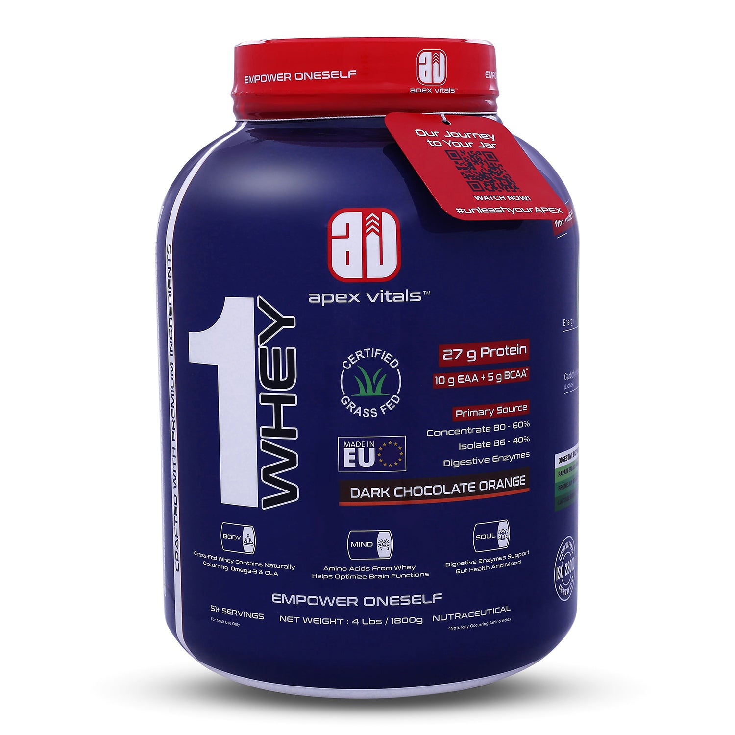 Apex Vitals 1 Whey – Grass-Fed Protein Powder | 27g Protein | 10g EAA + 5g BCAA | Concentrate & Isolate Blend | With Enzymes | EU-Sourced | 4lbs