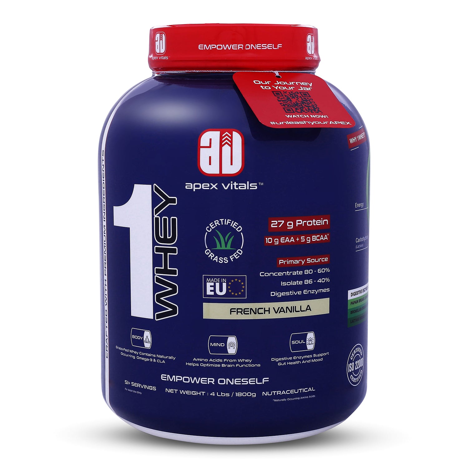Apex Vitals 1 Whey – Grass-Fed Protein Powder | 27g Protein | 10g EAA + 5g BCAA | Concentrate & Isolate Blend | With Enzymes | EU-Sourced | 4lbs