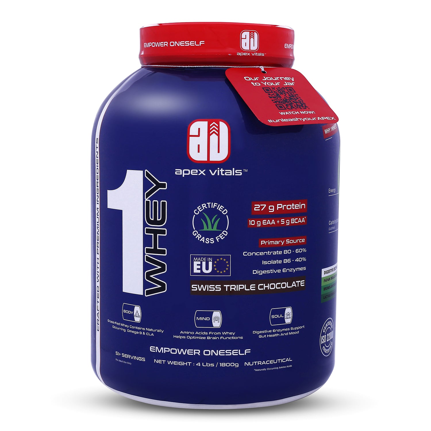 Apex Vitals 1 Whey – Grass-Fed Protein Powder | 27g Protein | 10g EAA + 5g BCAA | Concentrate & Isolate Blend | With Enzymes | EU-Sourced | 4lbs