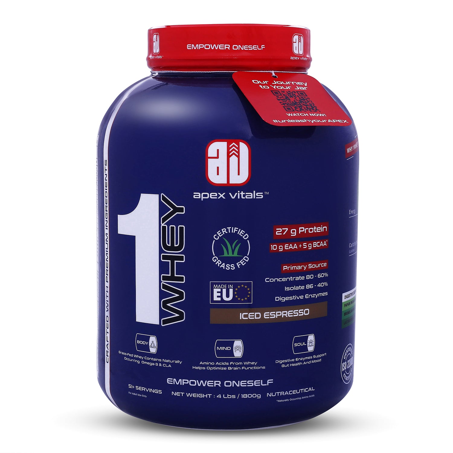 Apex Vitals 1 Whey – Grass-Fed Protein Powder | 27g Protein | 10g EAA + 5g BCAA | Concentrate & Isolate Blend | With Enzymes | EU-Sourced | 4lbs
