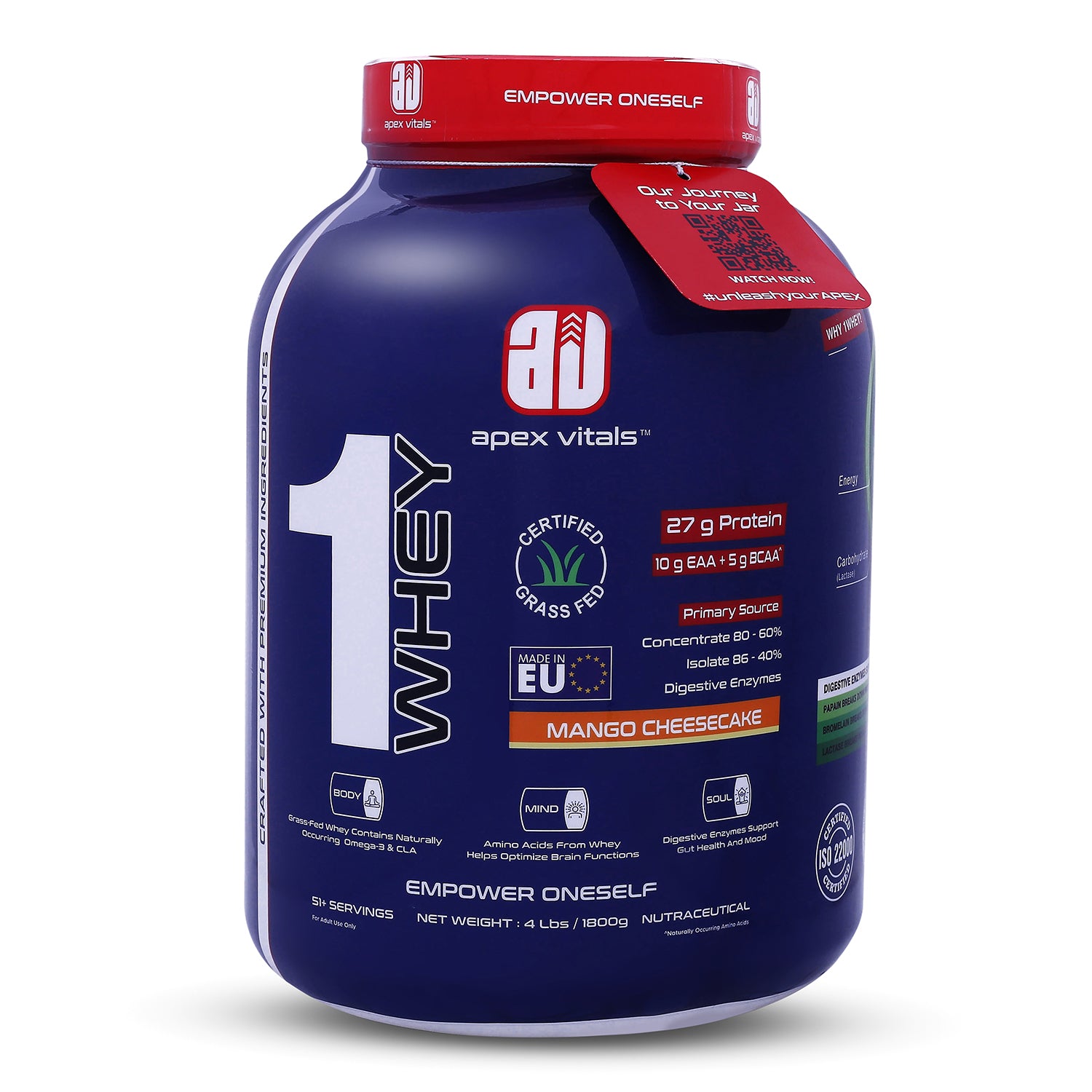 Apex Vitals 1 Whey – Grass-Fed Protein Powder | 27g Protein | 10g EAA + 5g BCAA | Concentrate & Isolate Blend | With Enzymes | EU-Sourced | 4lbs