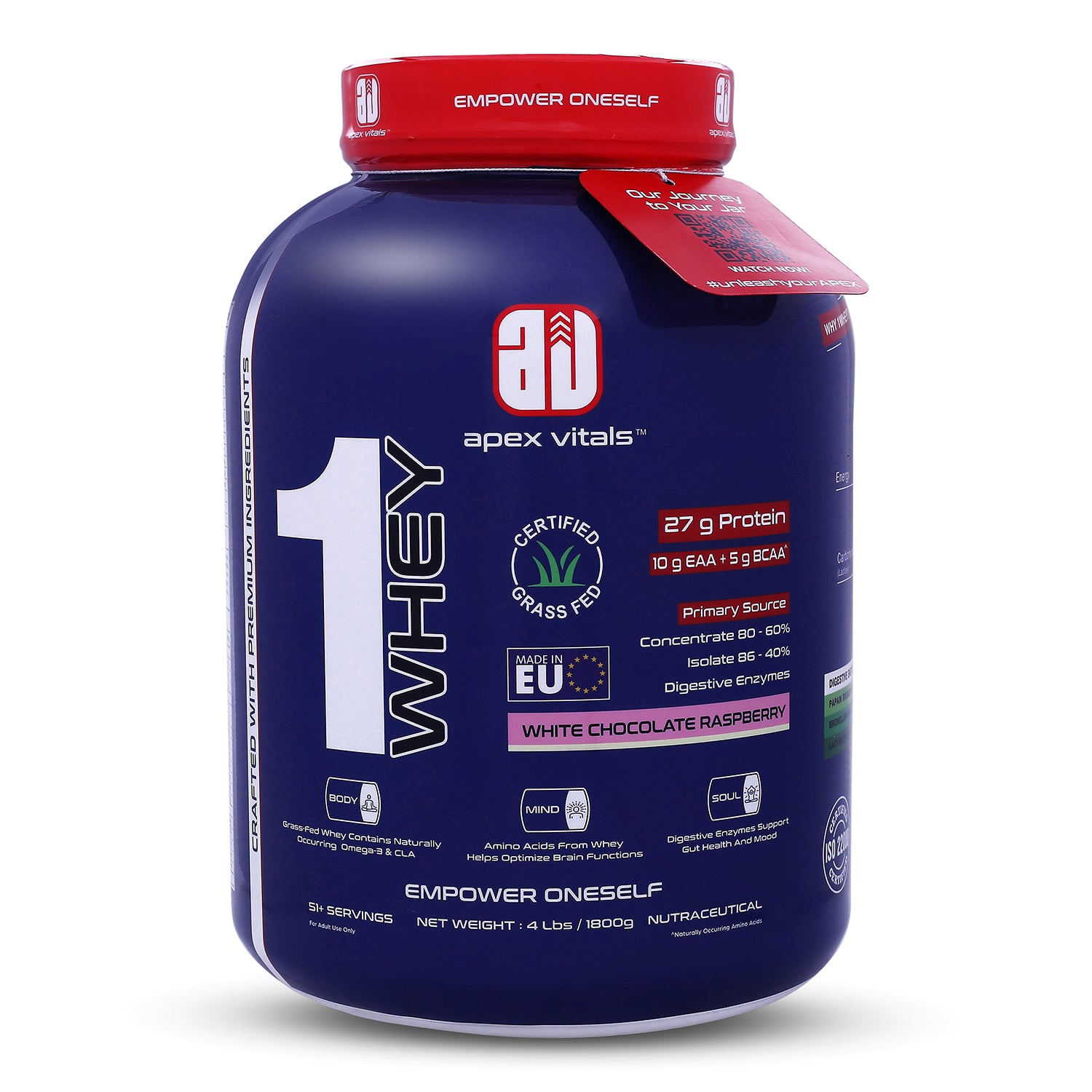 Apex Vitals 1 Whey – Grass-Fed Protein Powder | 27g Protein | 10g EAA + 5g BCAA | Concentrate & Isolate Blend | With Enzymes | EU-Sourced | 4lbs