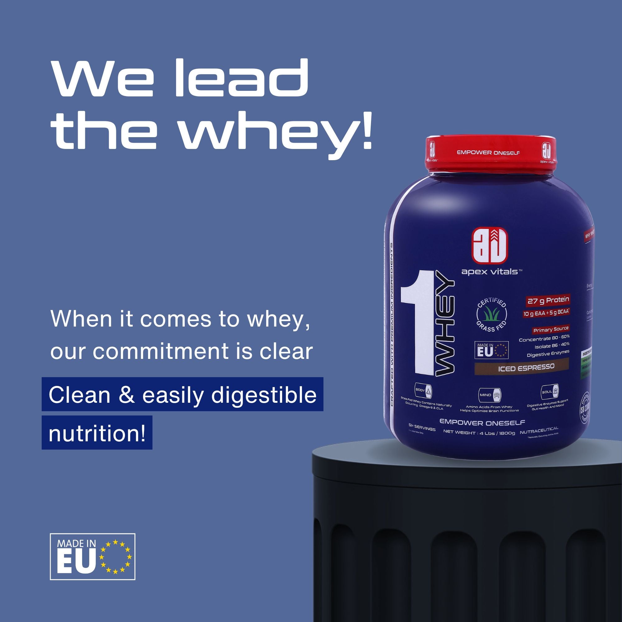 Apex Vitals 1 Whey – Grass-Fed Protein Powder | 27g Protein | 10g EAA + 5g BCAA | Concentrate & Isolate Blend | With Enzymes | EU-Sourced | 4lbs