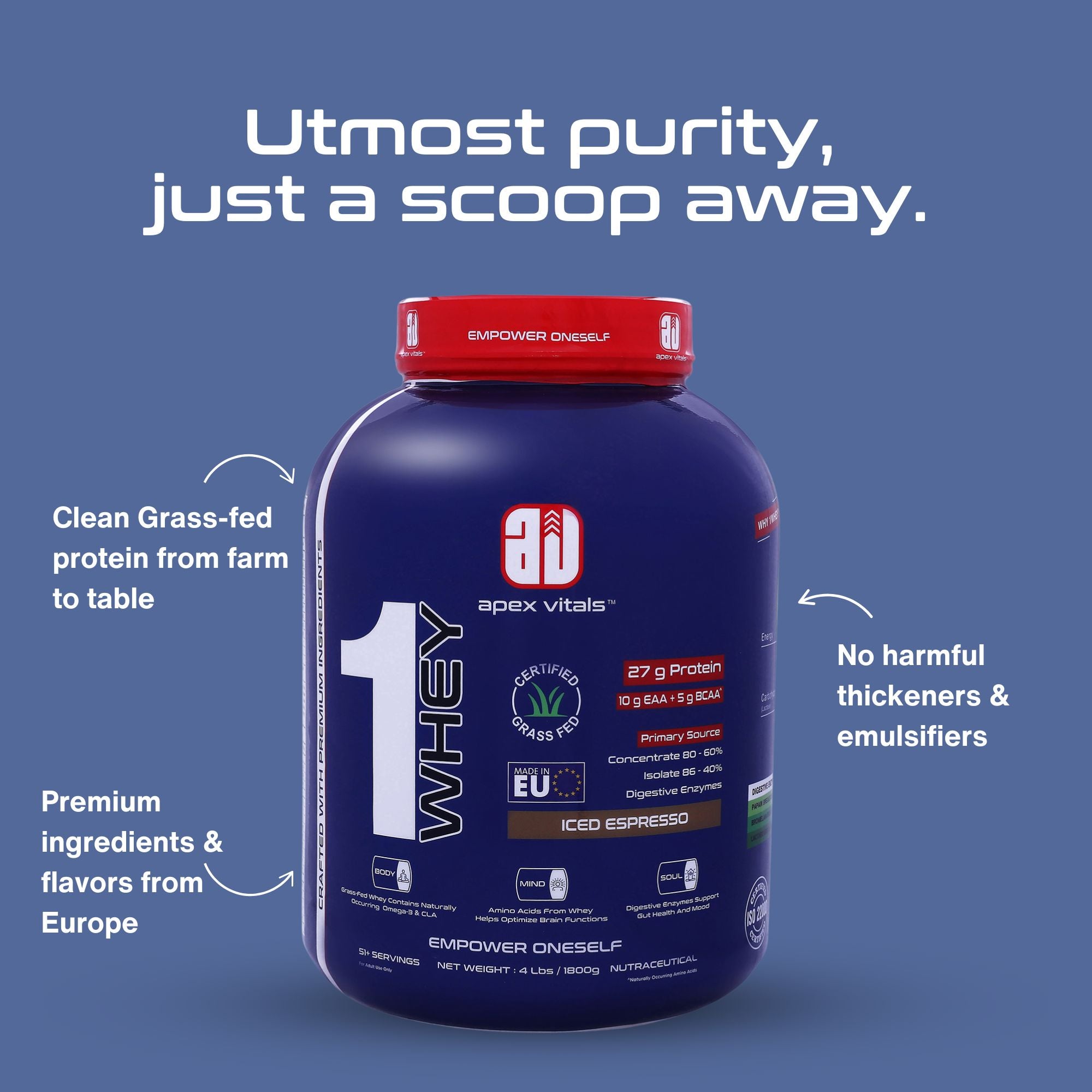 Apex Vitals 1 Whey – Grass-Fed Protein Powder | 27g Protein | 10g EAA + 5g BCAA | Concentrate & Isolate Blend | With Enzymes | EU-Sourced | 4lbs