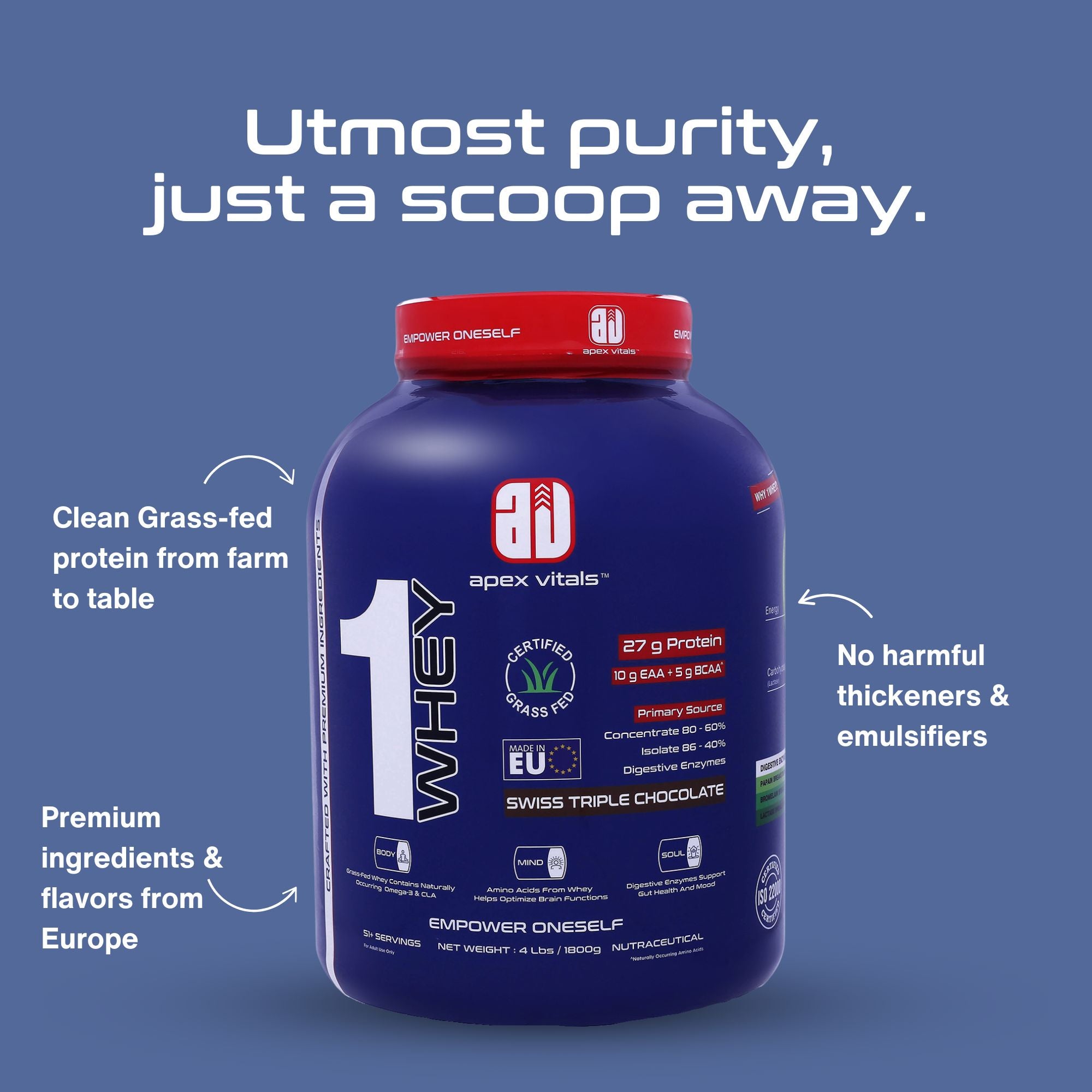 Apex Vitals 1 Whey – Grass-Fed Protein Powder | 27g Protein | 10g EAA + 5g BCAA | Concentrate & Isolate Blend | With Enzymes | EU-Sourced | 4lbs