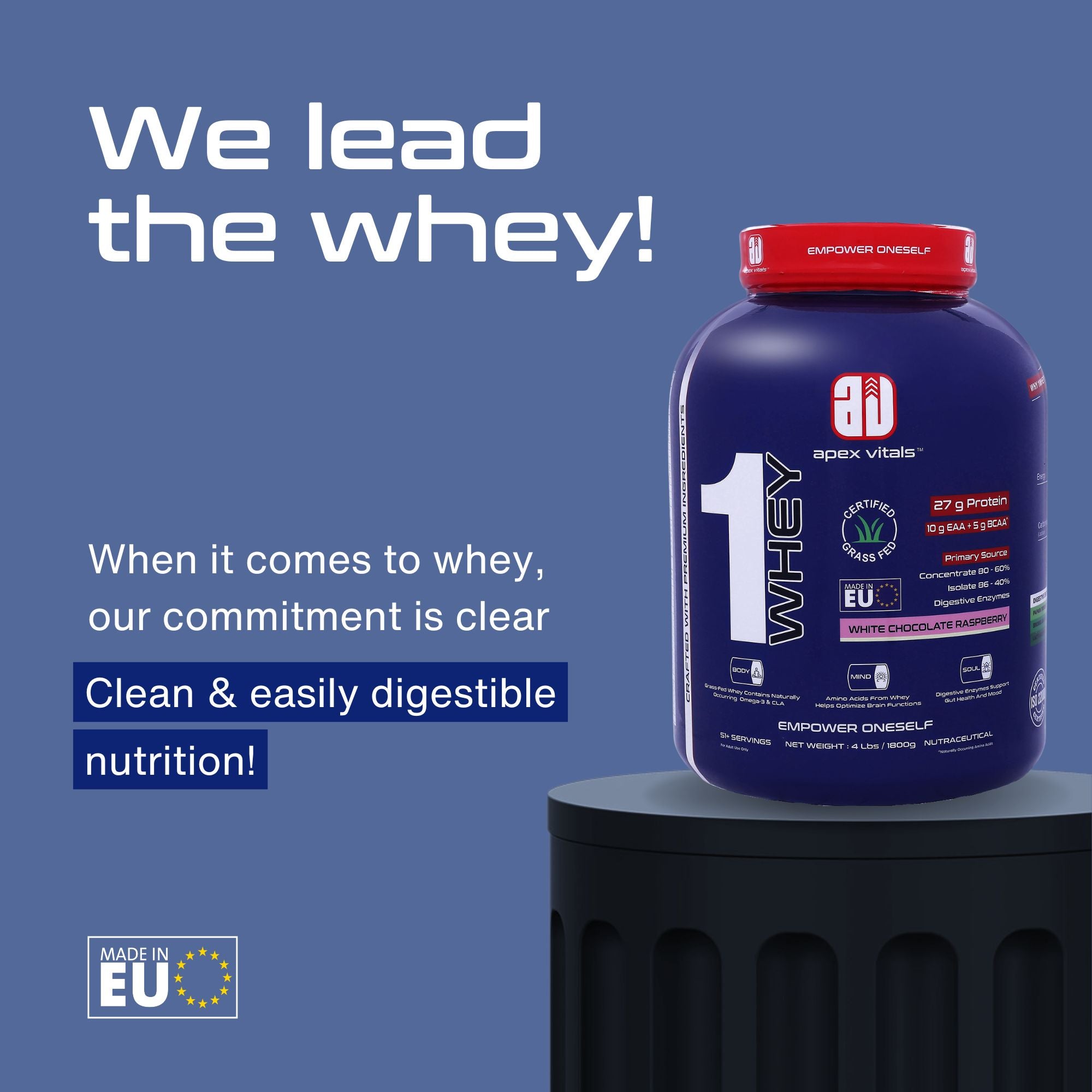 Apex Vitals 1 Whey – Grass-Fed Protein Powder | 27g Protein | 10g EAA + 5g BCAA | Concentrate & Isolate Blend | With Enzymes | EU-Sourced | 4lbs