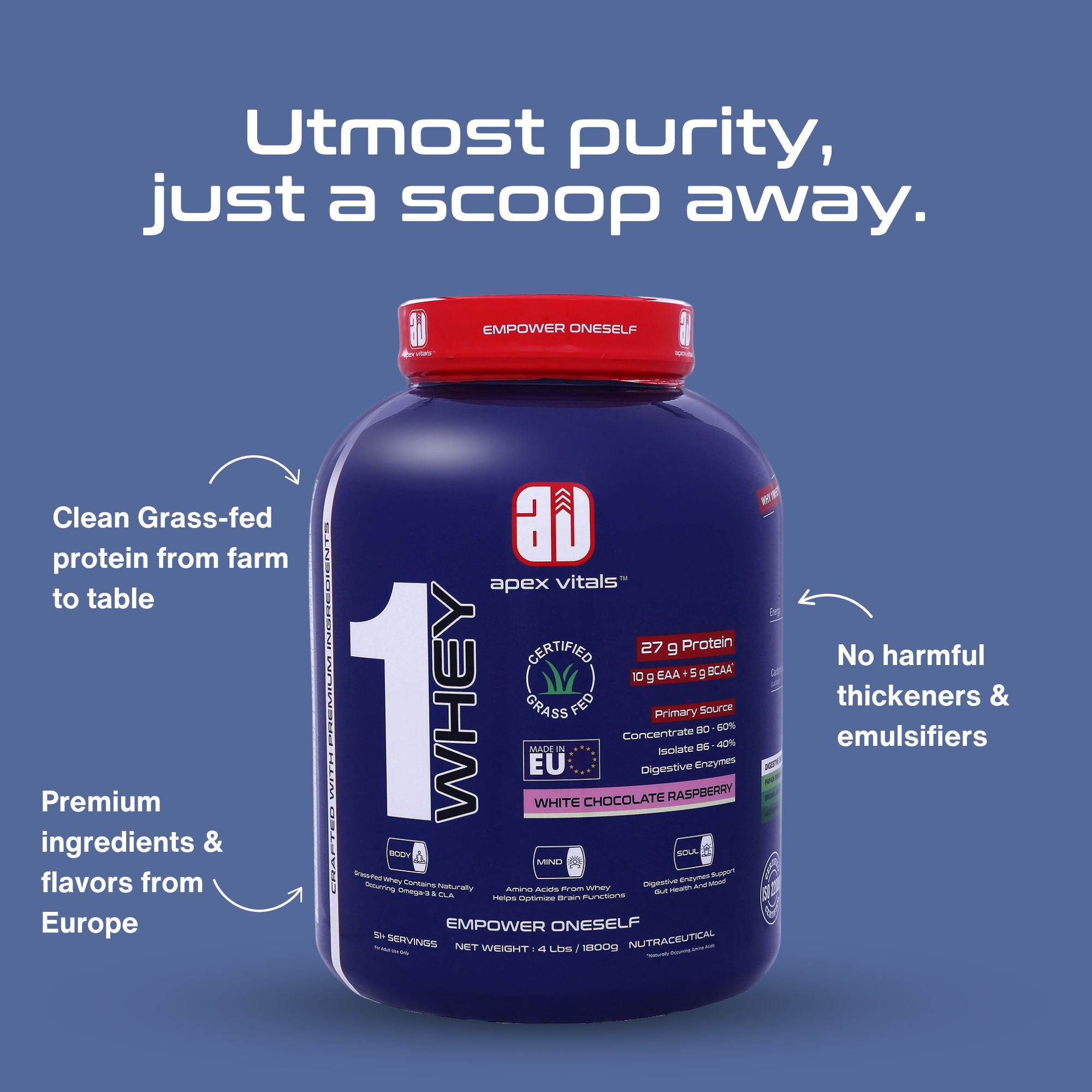 Apex Vitals 1 Whey – Grass-Fed Protein Powder | 27g Protein | 10g EAA + 5g BCAA | Concentrate & Isolate Blend | With Enzymes | EU-Sourced | 4lbs