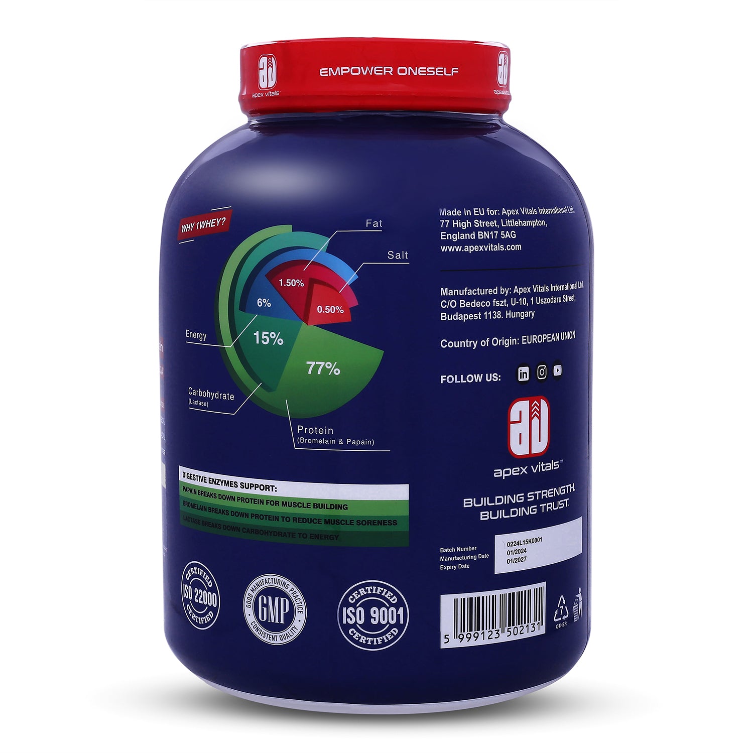 Apex Vitals 1 Whey – Grass-Fed Protein Powder | 27g Protein | 10g EAA + 5g BCAA | Concentrate & Isolate Blend | With Enzymes | EU-Sourced | 4lbs