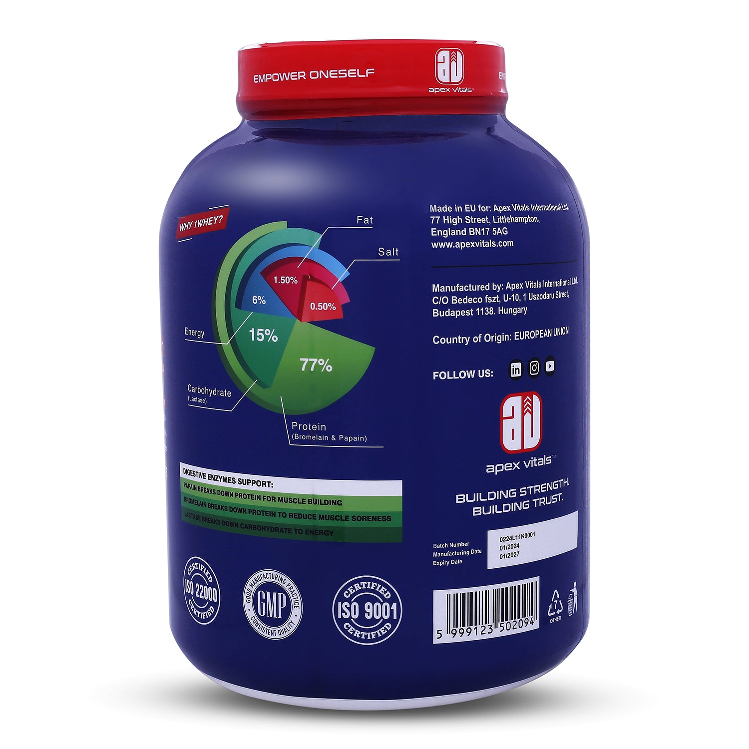 Apex Vitals 1 Whey – Grass-Fed Protein Powder | 27g Protein | 10g EAA + 5g BCAA | Concentrate & Isolate Blend | With Enzymes | EU-Sourced | 4lbs