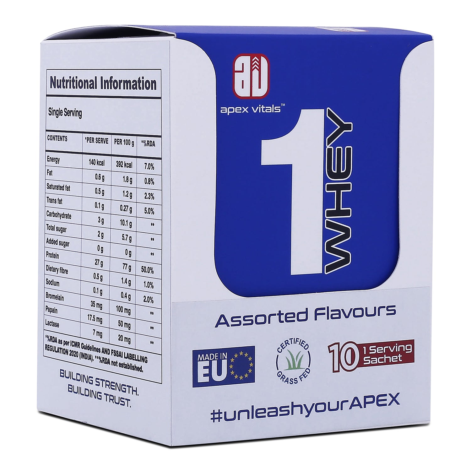 Apex Vitals 1 Whey Protein Powder | Whey Protein Concentrate Blend | Grass-Fed Whey | 27g Protein/Scoop | 10g EAA+5G BCAA | Digestive Enzymes | FDA & FSSAI Certified | Assorted Sachet Box of 10