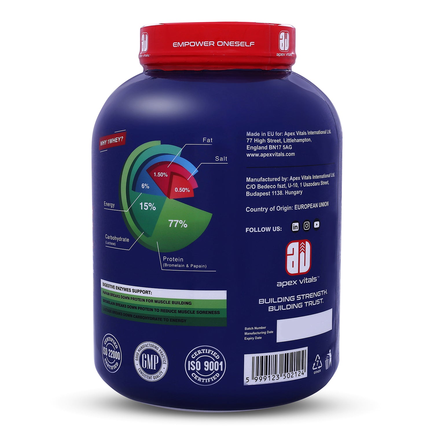 Apex Vitals 1 Whey – Grass-Fed Protein Powder | 27g Protein | 10g EAA + 5g BCAA | Concentrate & Isolate Blend | With Enzymes | EU-Sourced | 4lbs