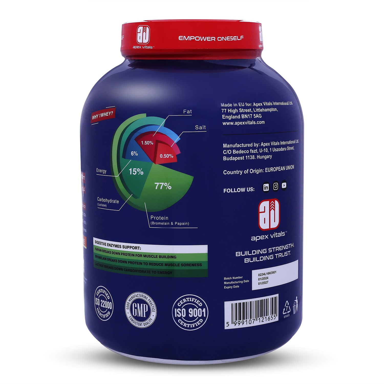 Apex Vitals 1 Whey – Grass-Fed Protein Powder | 27g Protein | 10g EAA + 5g BCAA | Concentrate & Isolate Blend | With Enzymes | EU-Sourced | 4lbs