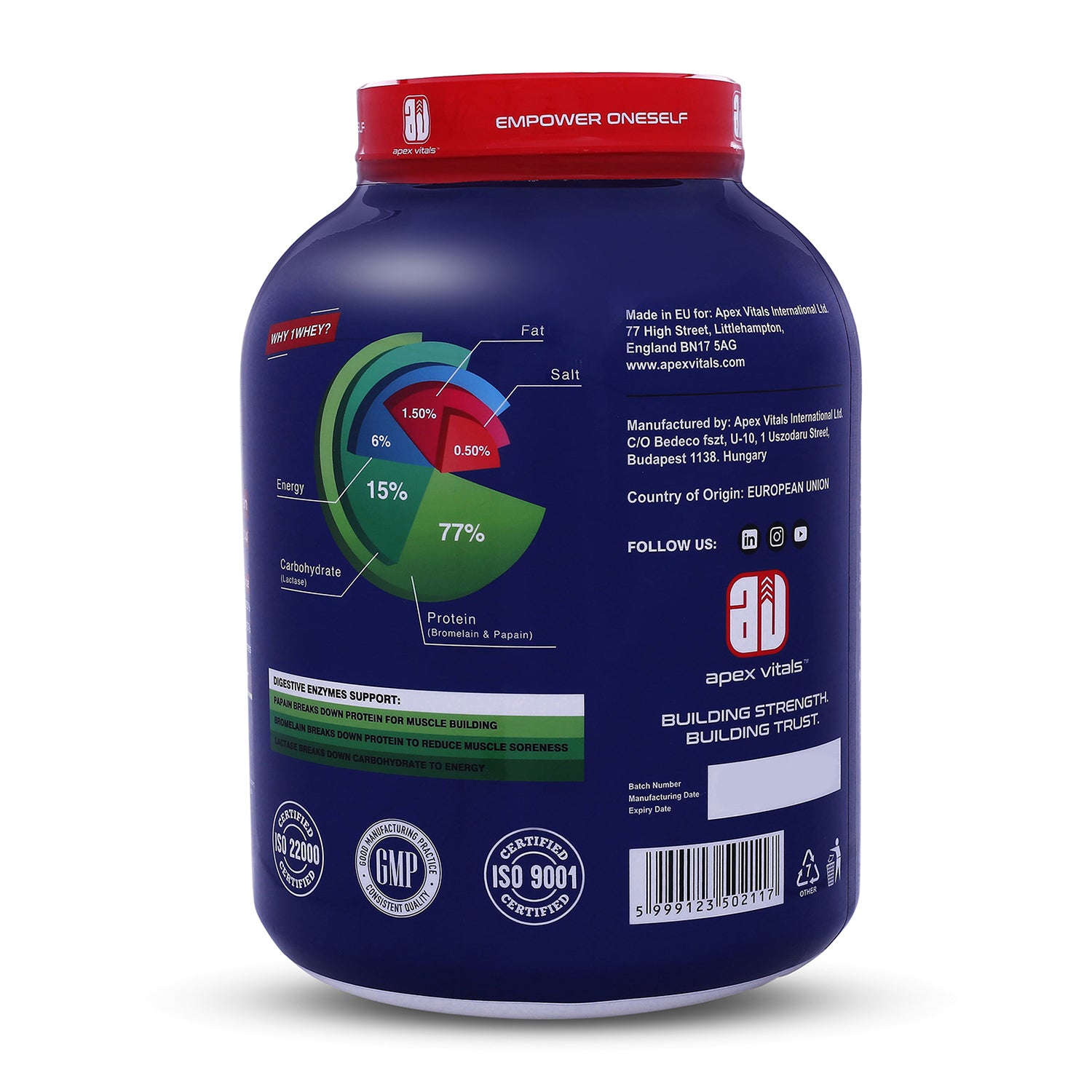 Apex Vitals 1 Whey – Grass-Fed Protein Powder | 27g Protein | 10g EAA + 5g BCAA | Concentrate & Isolate Blend | With Enzymes | EU-Sourced | 4lbs