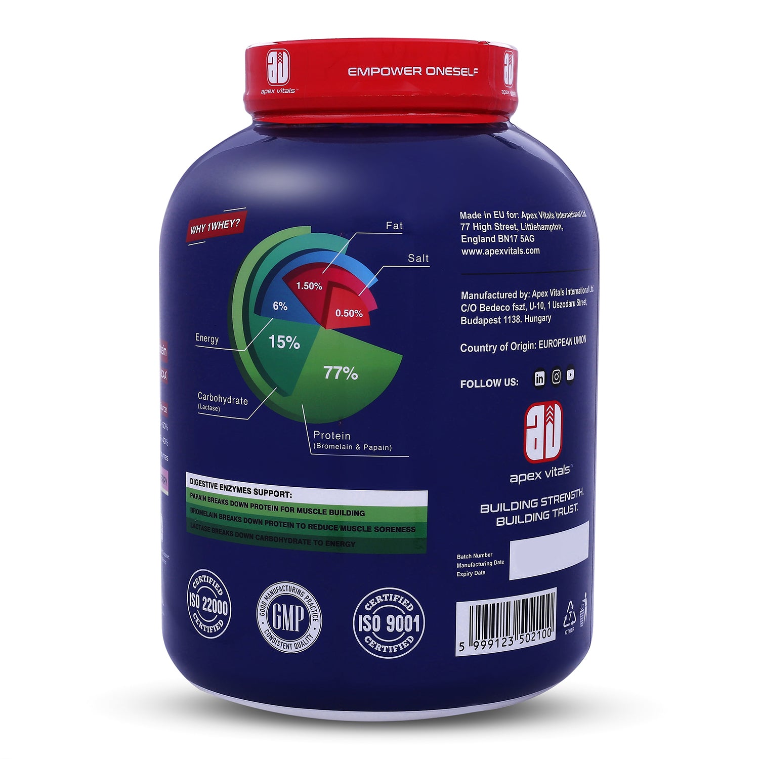Apex Vitals 1 Whey – Grass-Fed Protein Powder | 27g Protein | 10g EAA + 5g BCAA | Concentrate & Isolate Blend | With Enzymes | EU-Sourced | 4lbs