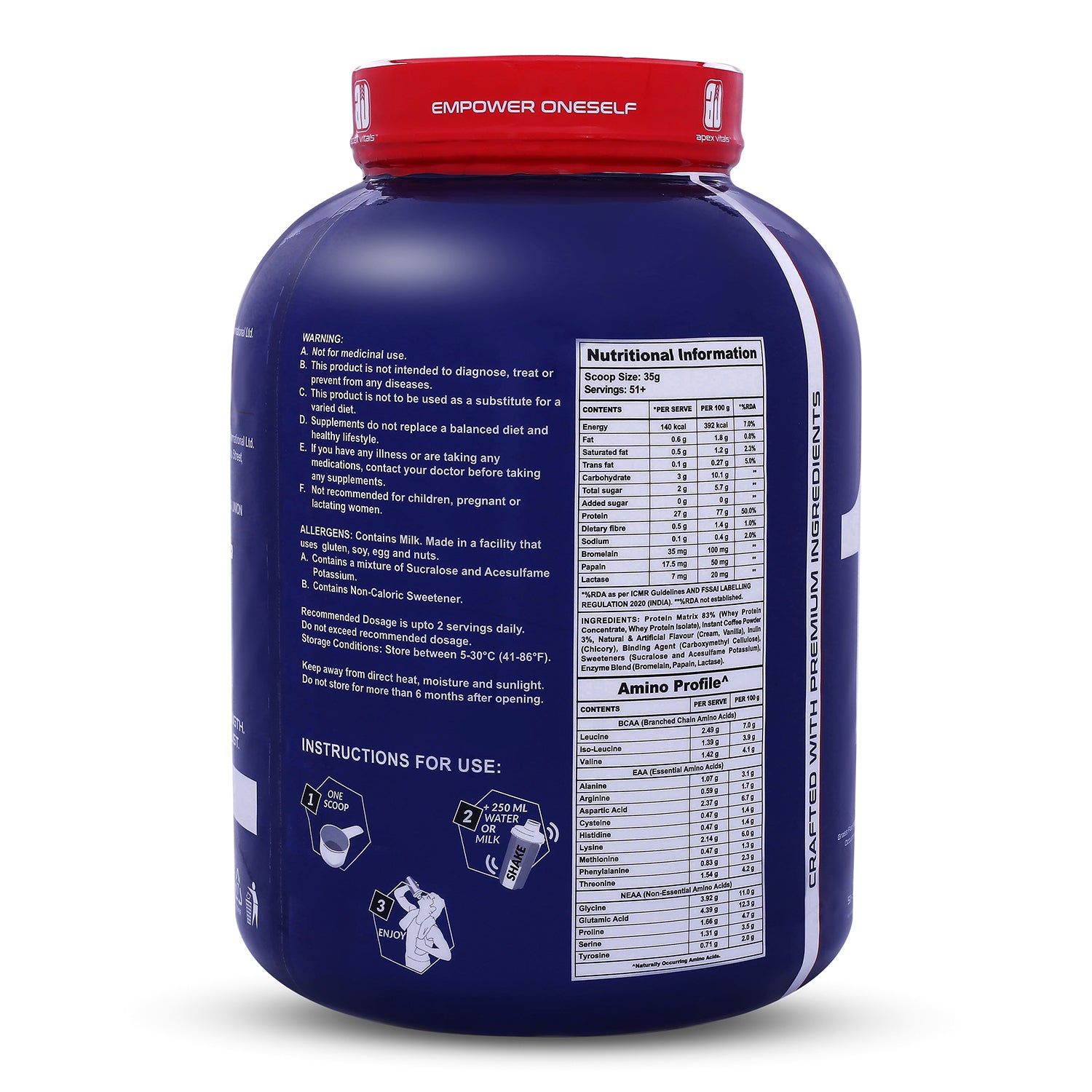Apex Vitals 1 Whey – Grass-Fed Protein Powder | 27g Protein | 10g EAA + 5g BCAA | Concentrate & Isolate Blend | With Enzymes | EU-Sourced | 4lbs