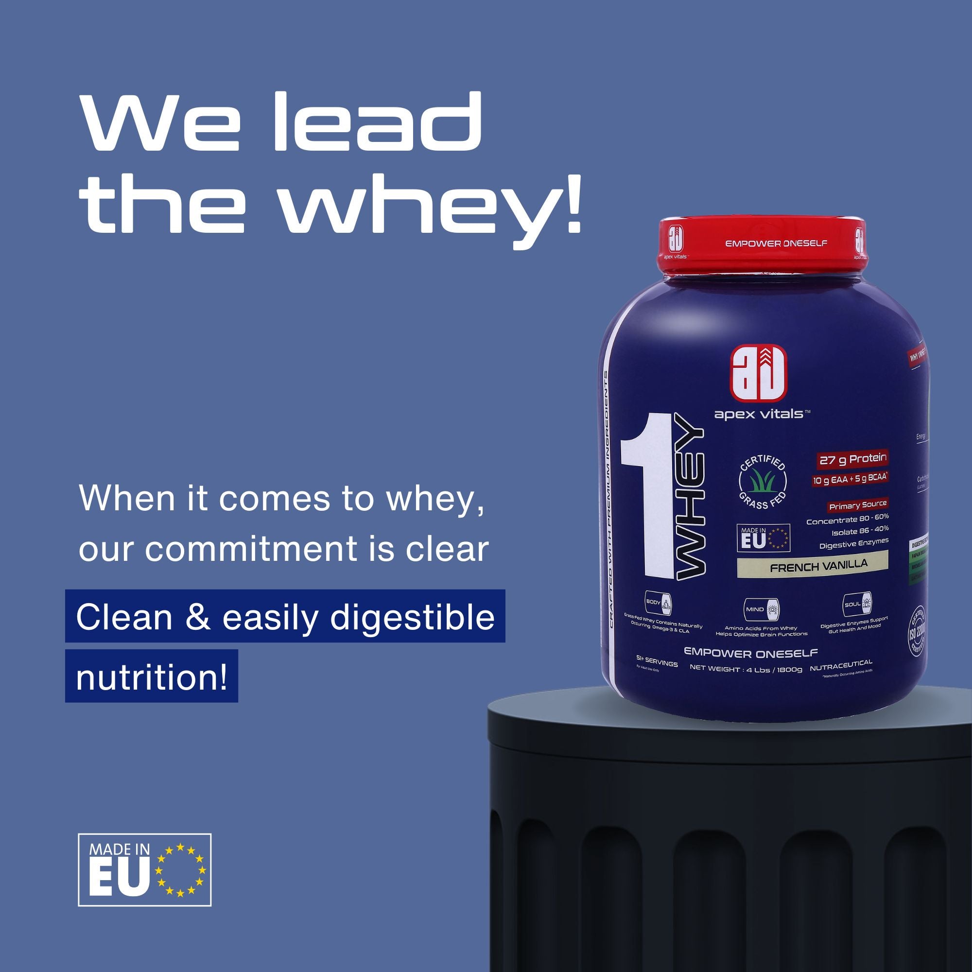 Apex Vitals 1 Whey – Grass-Fed Protein Powder | 27g Protein | 10g EAA + 5g BCAA | Concentrate & Isolate Blend | With Enzymes | EU-Sourced | 4lbs