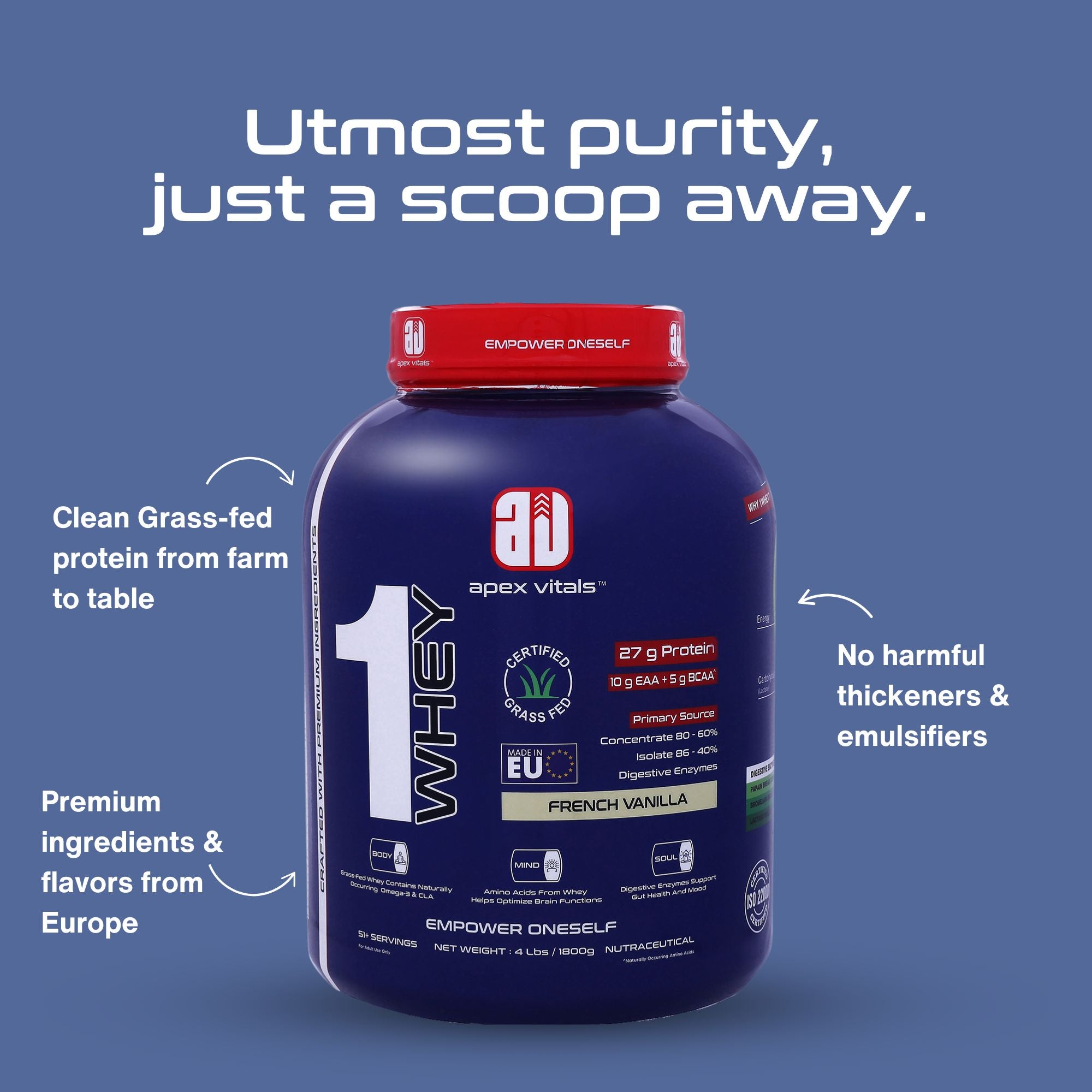 Apex Vitals 1 Whey – Grass-Fed Protein Powder | 27g Protein | 10g EAA + 5g BCAA | Concentrate & Isolate Blend | With Enzymes | EU-Sourced | 4lbs