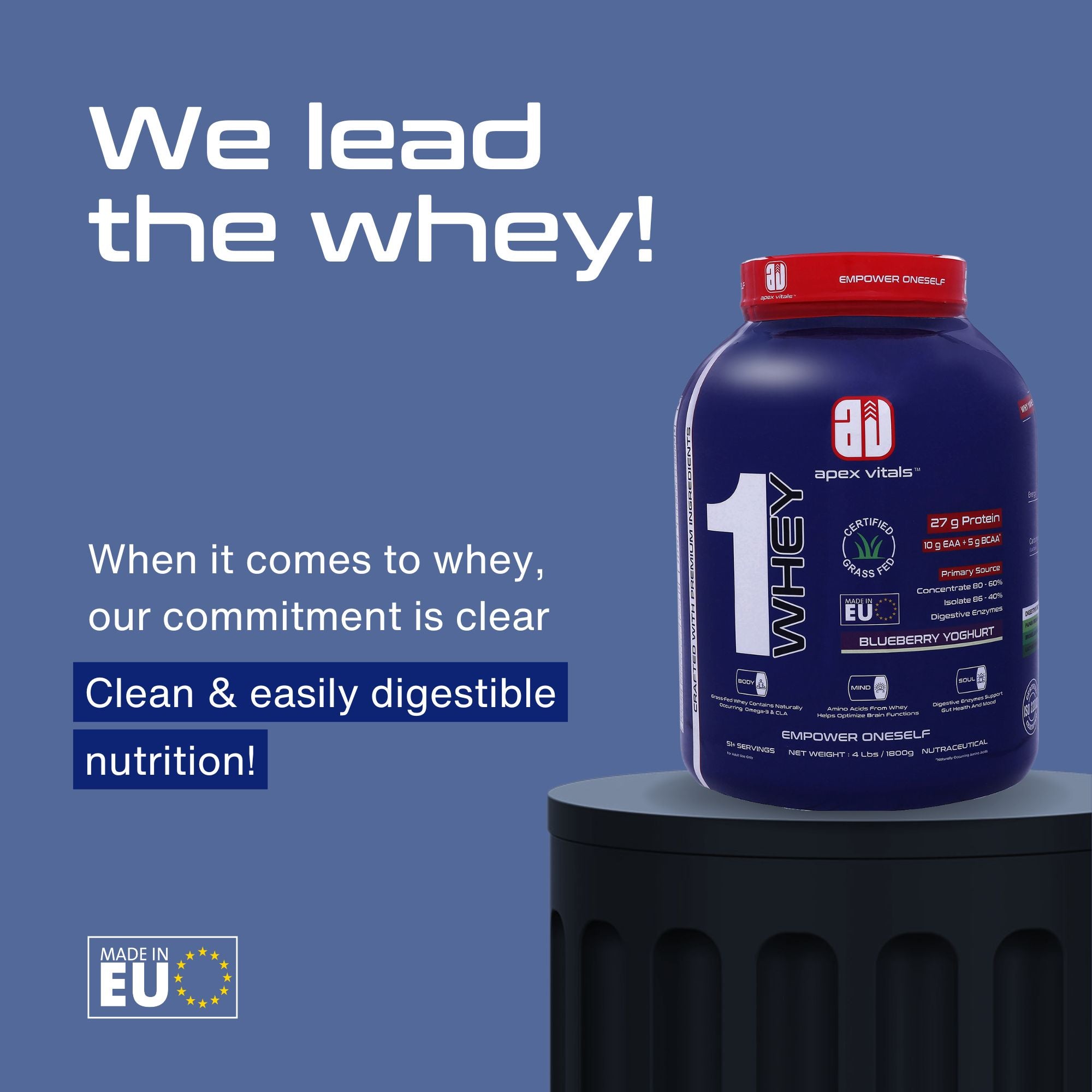 Apex Vitals 1 Whey – Grass-Fed Protein Powder | 27g Protein | 10g EAA + 5g BCAA | Concentrate & Isolate Blend | With Enzymes | EU-Sourced | 4lbs