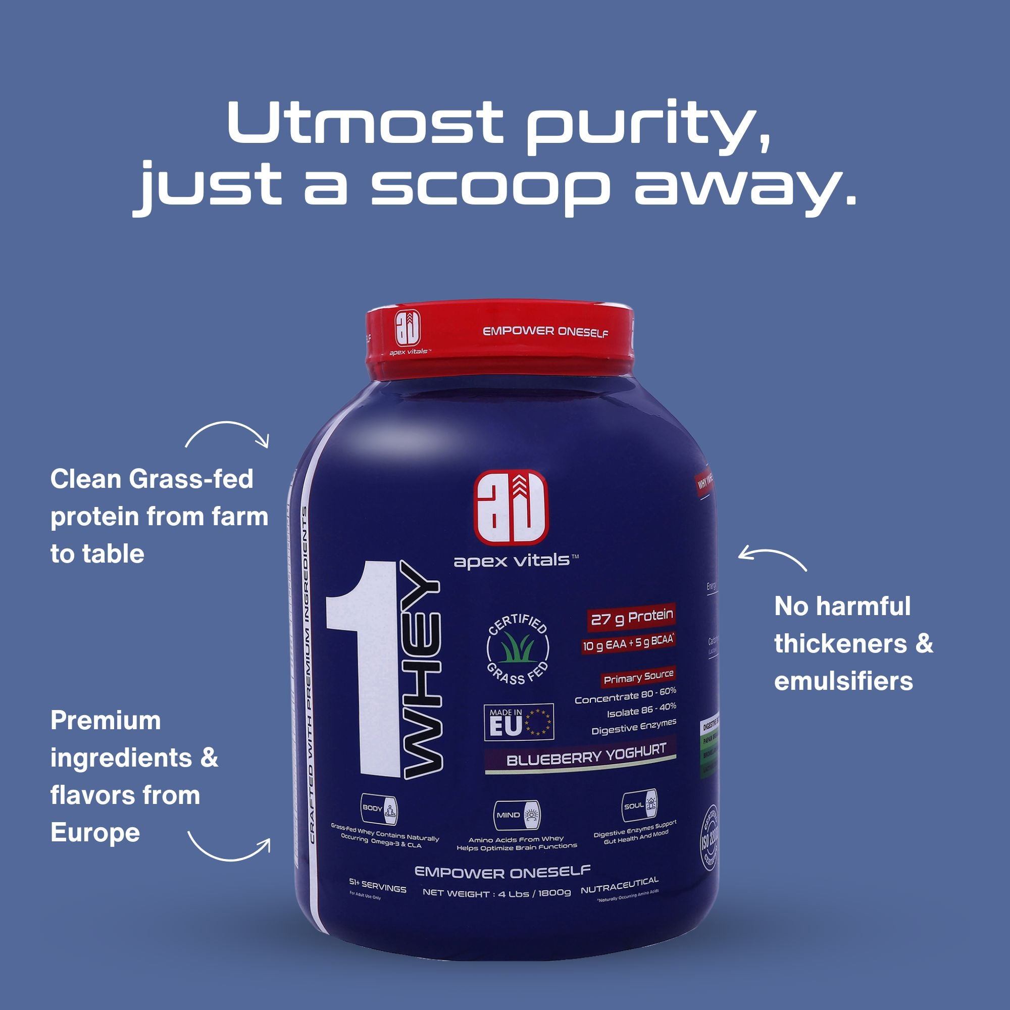 Apex Vitals 1 Whey – Grass-Fed Protein Powder | 27g Protein | 10g EAA + 5g BCAA | Concentrate & Isolate Blend | With Enzymes | EU-Sourced | 4lbs