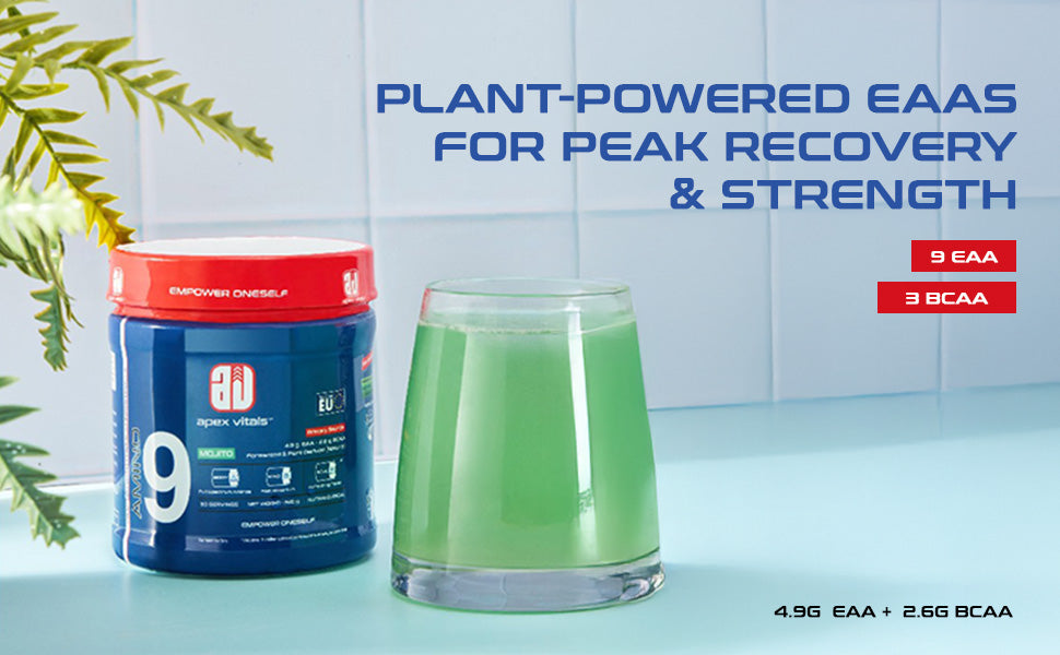 Apex Vitals Amino 9 EAA | Complete Amino Acid Complex | EAA Supplement for Men | 4.9g EAA + 2.6g BCAA per Serving | Fermented & Plant-Derived Formula | 225g (30 Servings)