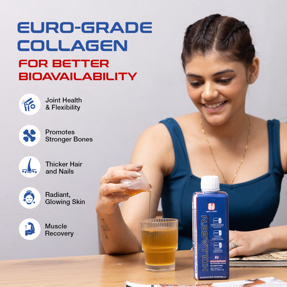Apex Vitals Liquid Collagen | Collagen Supplements for Skin, Hair & Nails & Joint | Type 1 & 3 with Hyaluronic Acid & Vitamin C | Fast Absorption | EFSA & FSSAI Certified | 30 Servings