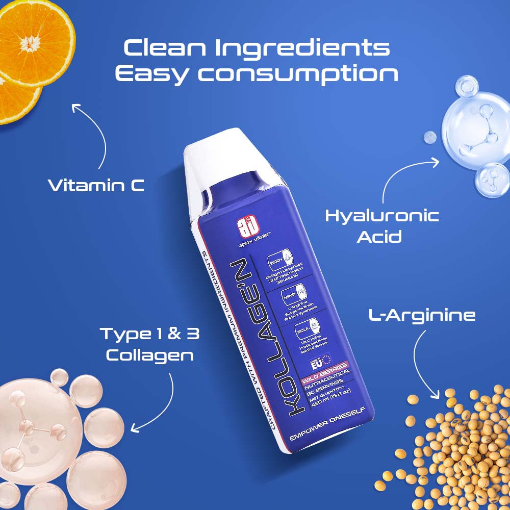 Apex Vitals Liquid Collagen | Collagen Supplements for Skin, Hair & Nails & Joint | Type 1 & 3 with Hyaluronic Acid & Vitamin C | Fast Absorption | EFSA & FSSAI Certified | 30 Servings