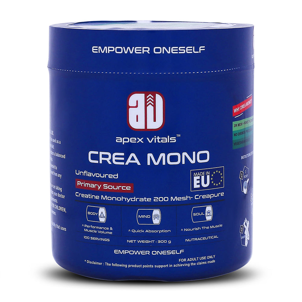 Apex Vitals Crea Mono Creatine Monohydrate Powder | Premium German Quality | Micronized 200 Mesh | Unflavoured Creatine Supplement | Supports ATP, Strength & Muscle Performance | Vegetarian | 300g