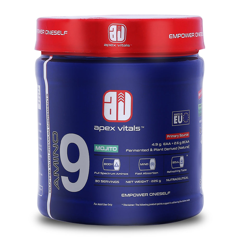 Apex Vitals Amino 9 EAA | Complete Amino Acid Complex | EAA Supplement for Men | 4.9g EAA + 2.6g BCAA per Serving | Fermented & Plant-Derived Formula | 225g (30 Servings)
