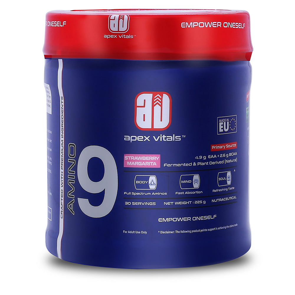 Apex Vitals Amino 9 EAA | Complete Amino Acid Complex | EAA Supplement for Men | 4.9g EAA + 2.6g BCAA per Serving | Fermented & Plant-Derived Formula | 225g (30 Servings)