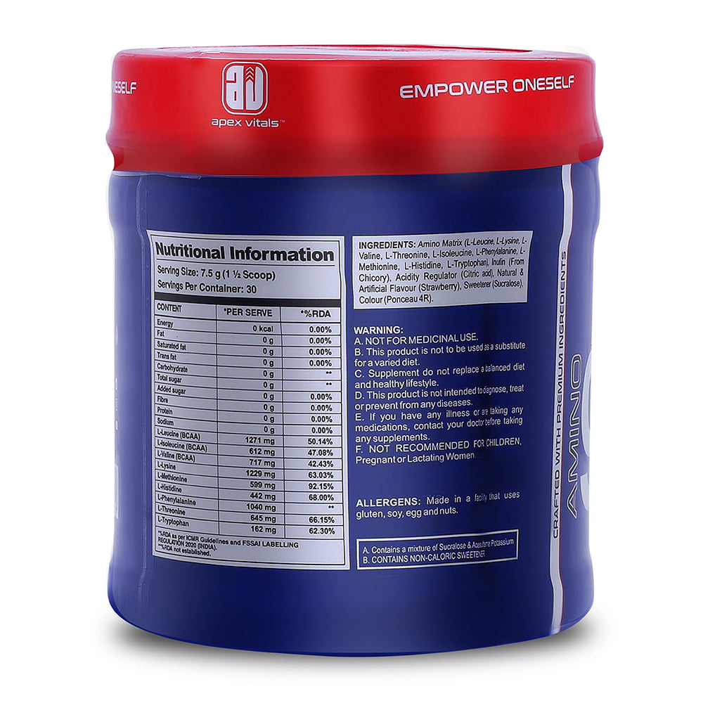 Apex Vitals Amino 9 EAA | Complete Amino Acid Complex | EAA Supplement for Men | 4.9g EAA + 2.6g BCAA per Serving | Fermented & Plant-Derived Formula | 225g (30 Servings)