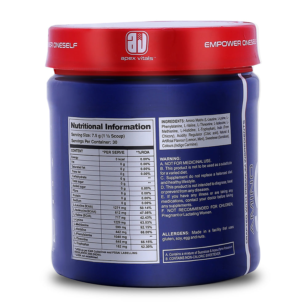 Apex Vitals Amino 9 EAA | Complete Amino Acid Complex | EAA Supplement for Men | 4.9g EAA + 2.6g BCAA per Serving | Fermented & Plant-Derived Formula | 225g (30 Servings)