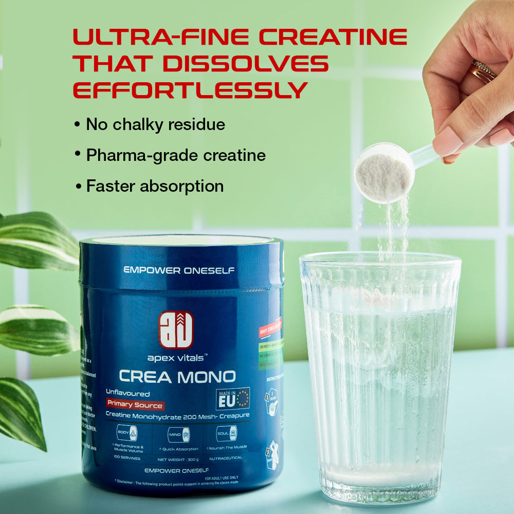 Apex Vitals Crea Mono Creatine Monohydrate Powder | Premium German Quality | Micronized 200 Mesh | Unflavoured Creatine Supplement | Supports ATP, Strength & Muscle Performance | Vegetarian | 300g