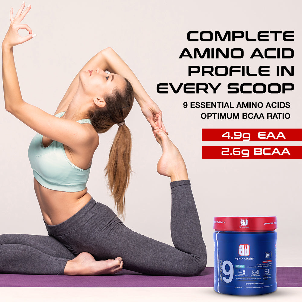 Apex Vitals Amino 9 EAA | Complete Amino Acid Complex | EAA Supplement for Men | 4.9g EAA + 2.6g BCAA per Serving | Fermented & Plant-Derived Formula | 225g (30 Servings)