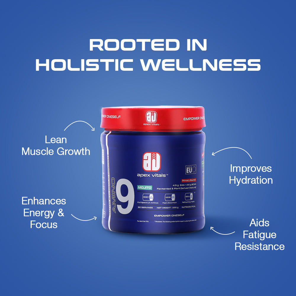Apex Vitals Amino 9 EAA | Complete Amino Acid Complex | EAA Supplement for Men | 4.9g EAA + 2.6g BCAA per Serving | Fermented & Plant-Derived Formula | 225g (30 Servings)