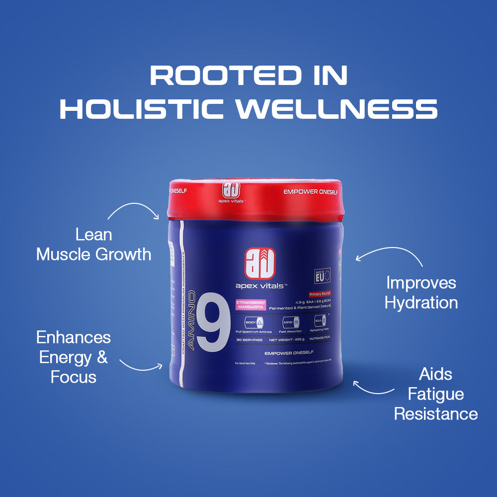 Apex Vitals Amino 9 EAA | Complete Amino Acid Complex | EAA Supplement for Men | 4.9g EAA + 2.6g BCAA per Serving | Fermented & Plant-Derived Formula | 225g (30 Servings)