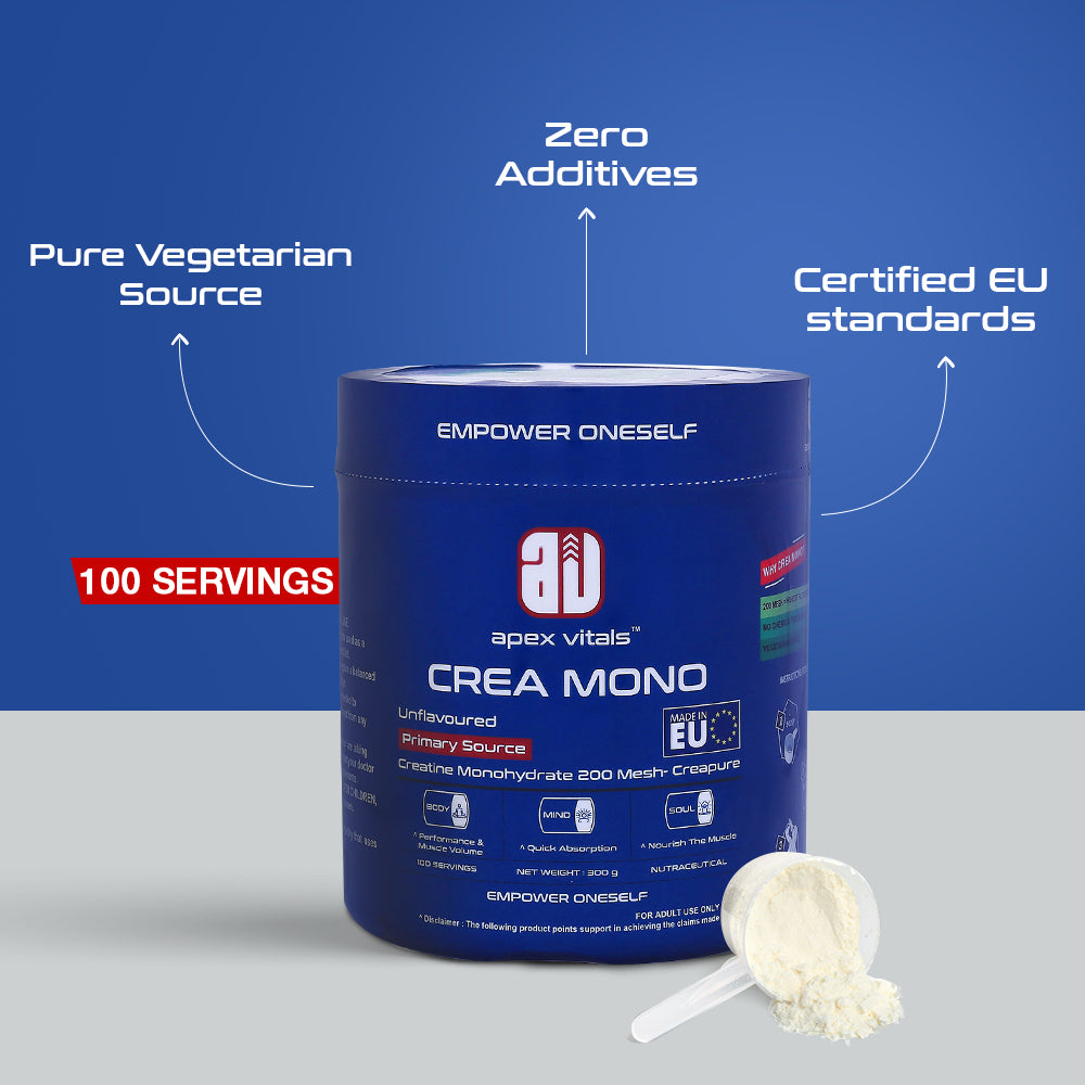 Apex Vitals Crea Mono Creatine Monohydrate Powder | Premium German Quality | Micronized 200 Mesh | Unflavoured Creatine Supplement | Supports ATP, Strength & Muscle Performance | Vegetarian | 300g