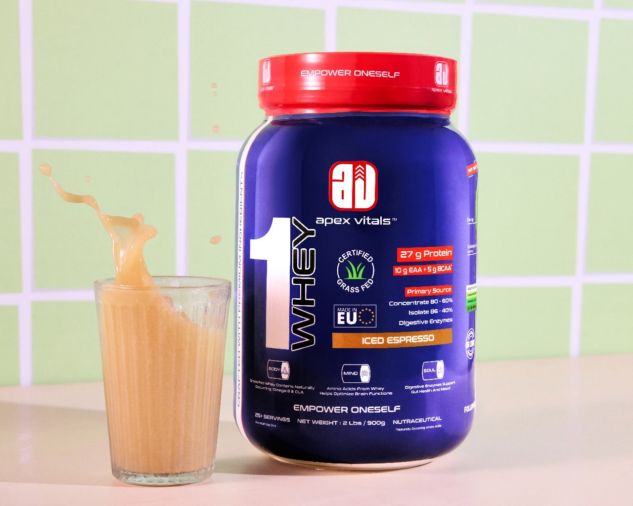 Apex Vitals 1 Whey – Grass-Fed Protein Powder | 27g Protein | 10g EAA + 5g BCAA | Concentrate & Isolate Blend | With Enzymes | EU-Sourced | 4lbs