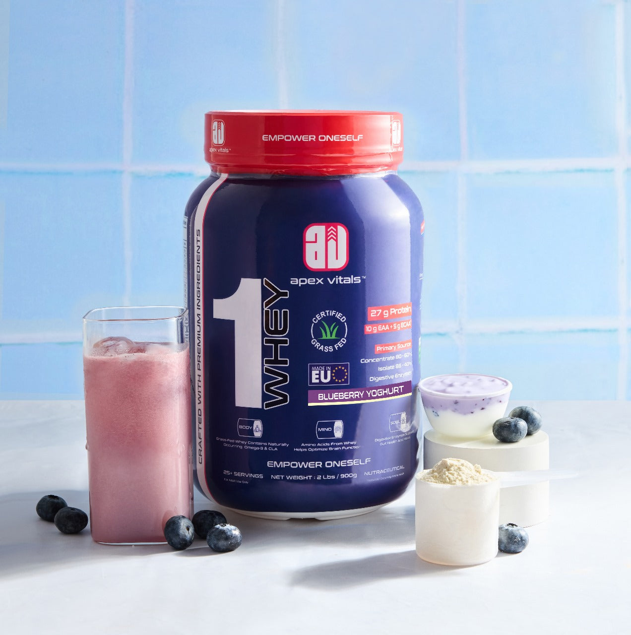 Apex Vitals 1 Whey – Grass-Fed Protein Powder | 27g Protein | 10g EAA + 5g BCAA | Concentrate & Isolate Blend | With Enzymes | EU-Sourced | 4lbs