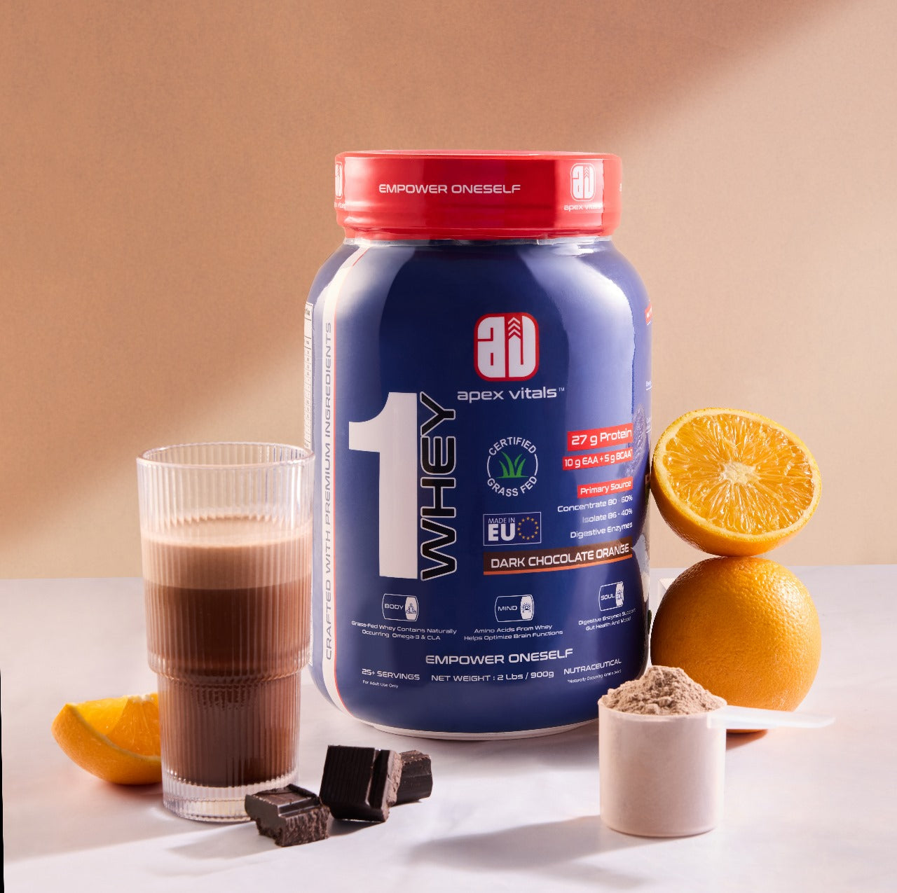 Apex Vitals 1 Whey – Grass-Fed Protein Powder | 27g Protein | 10g EAA + 5g BCAA | Concentrate & Isolate Blend | With Enzymes | EU-Sourced | 4lbs