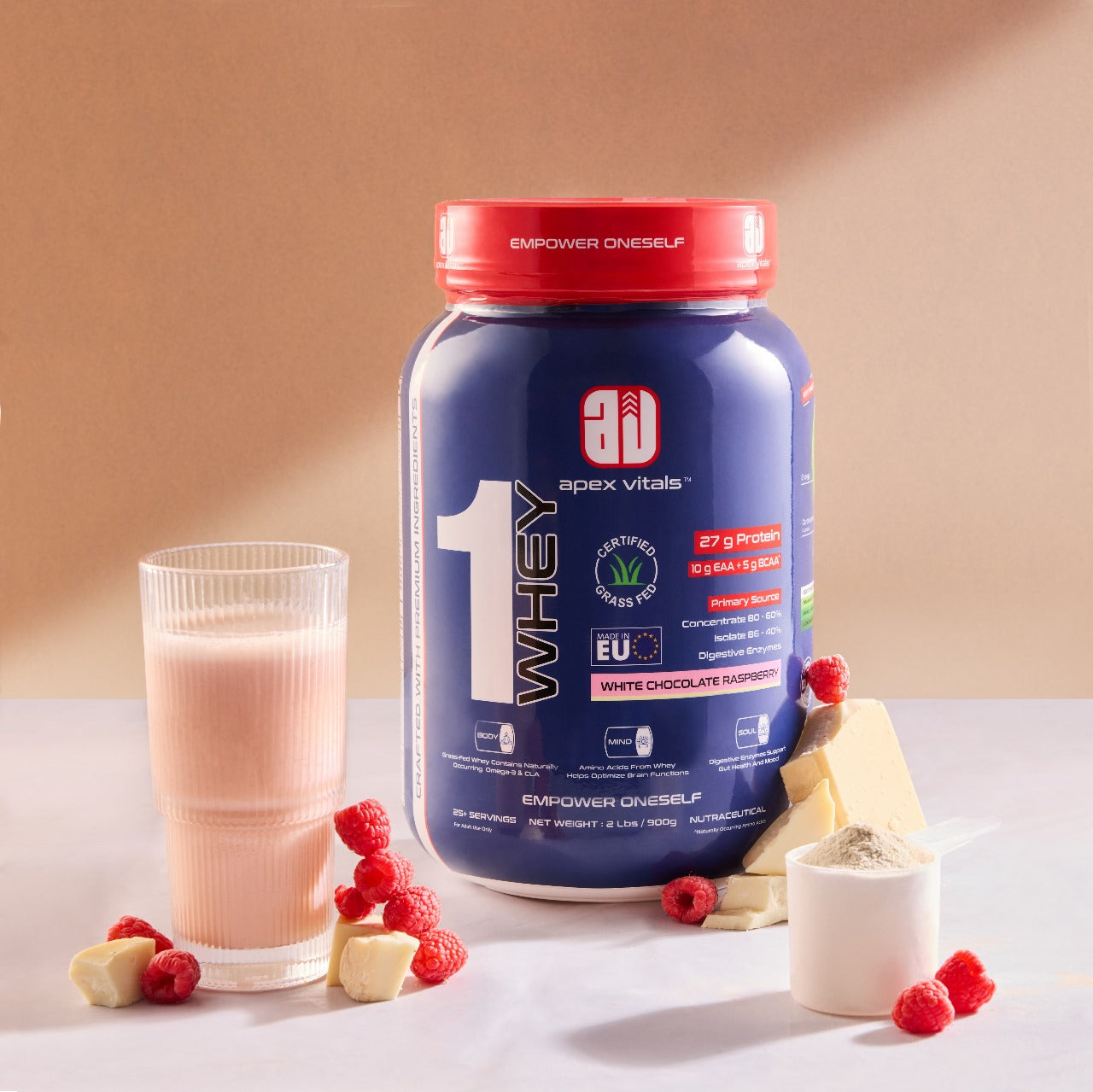 Apex Vitals 1 Whey – Grass-Fed Protein Powder | 27g Protein | 10g EAA + 5g BCAA | Concentrate & Isolate Blend | With Enzymes | EU-Sourced | 4lbs