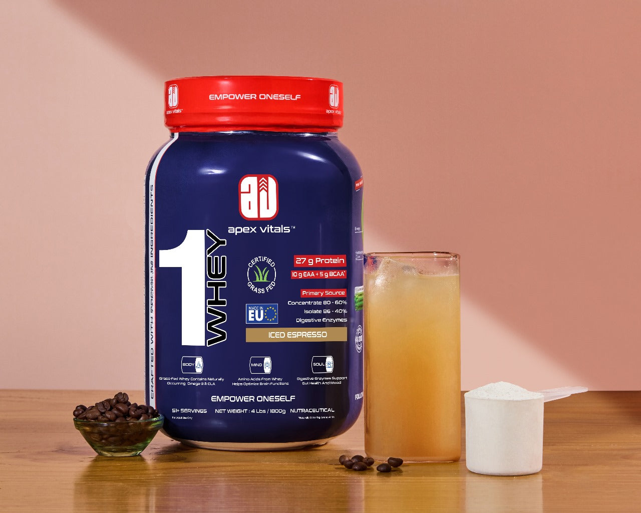 Apex Vitals 1 Whey – Grass-Fed Protein Powder | 27g Protein | 10g EAA + 5g BCAA | Concentrate & Isolate Blend | With Enzymes | EU-Sourced | 4lbs