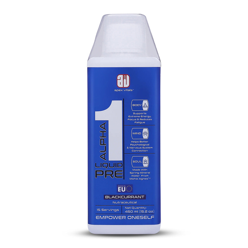 Apex Vitals Alpha 1 Liquid Pre Workout for Men | Pre Sports RTD | Beta Alanine, Taurine, Niacin & Caffeine | Mohai Ignes Mineral Water | FDA, EFSA & FSSAI Certified | 450 ml