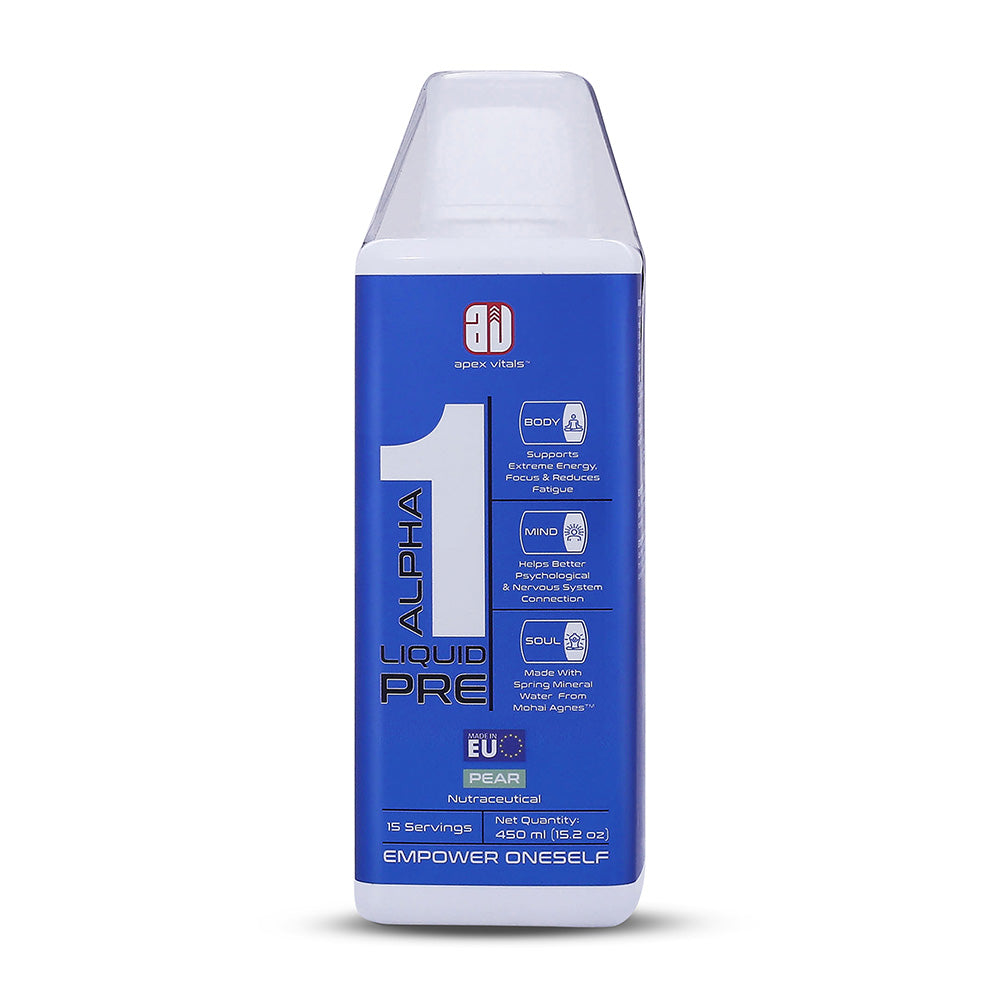 Apex Vitals Alpha 1 Liquid Pre Workout for Men | Pre Sports RTD | Beta Alanine, Taurine, Niacin & Caffeine | Mohai Ignes Mineral Water | FDA, EFSA & FSSAI Certified | 450 ml