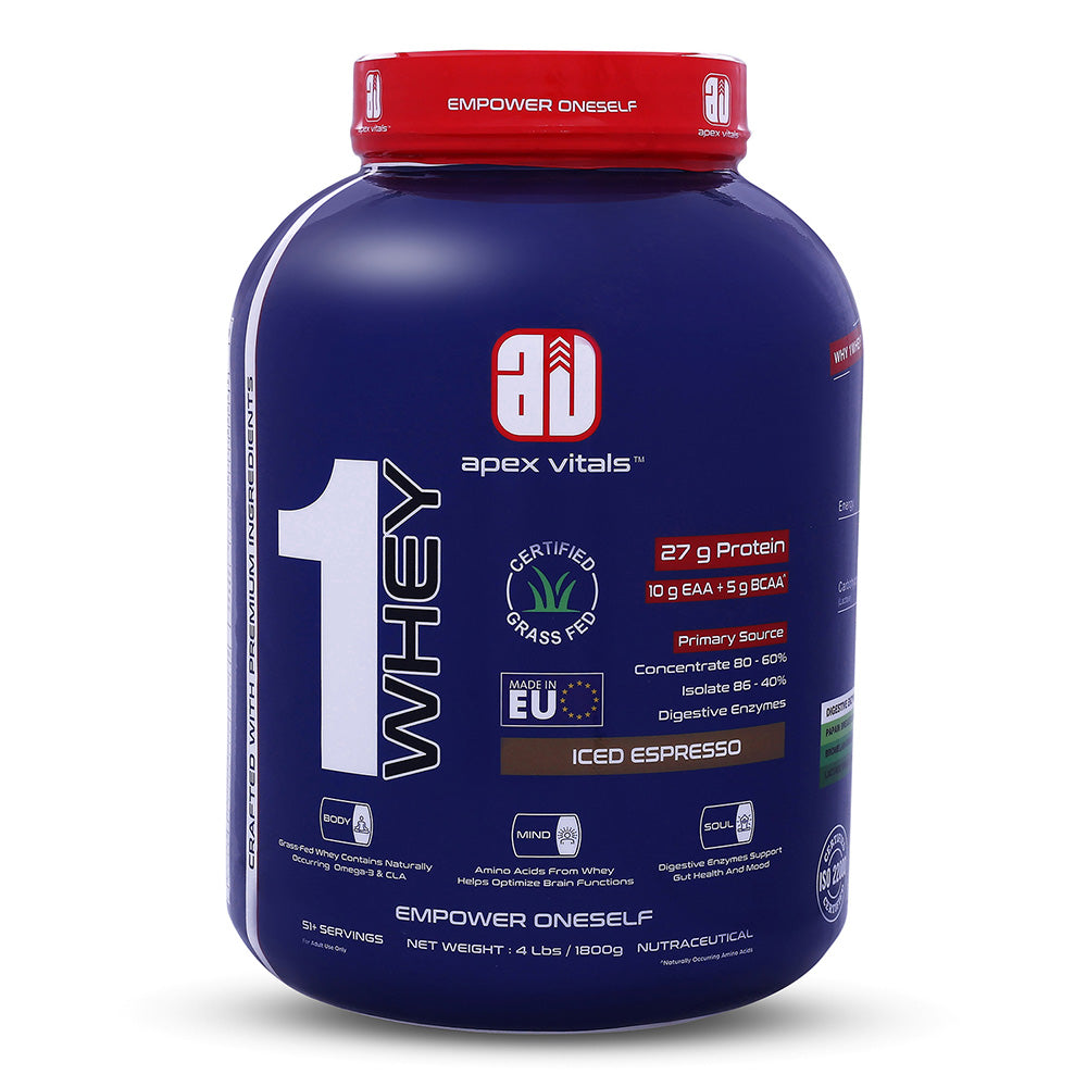 Apex Vitals 1 Whey – Grass-Fed Protein Powder | 27g Protein | 10g EAA + 5g BCAA | Concentrate & Isolate Blend | With Enzymes | EU-Sourced | 4lbs