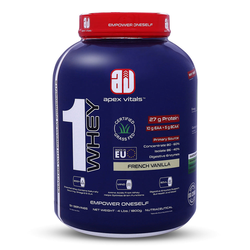 Apex Vitals 1 Whey – Grass-Fed Protein Powder | 27g Protein | 10g EAA + 5g BCAA | Concentrate & Isolate Blend | With Enzymes | EU-Sourced | 4lbs