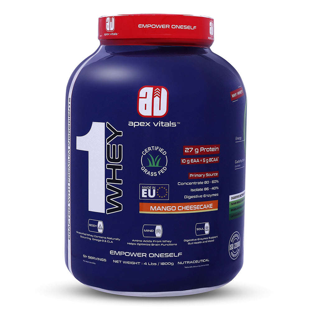 Apex Vitals 1 Whey – Grass-Fed Protein Powder | 27g Protein | 10g EAA + 5g BCAA | Concentrate & Isolate Blend | With Enzymes | EU-Sourced | 4lbs