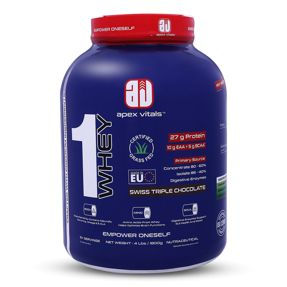 Apex Vitals 1 Whey – Grass-Fed Protein Powder | 27g Protein | 10g EAA + 5g BCAA | Concentrate & Isolate Blend | With Enzymes | EU-Sourced | 4lbs