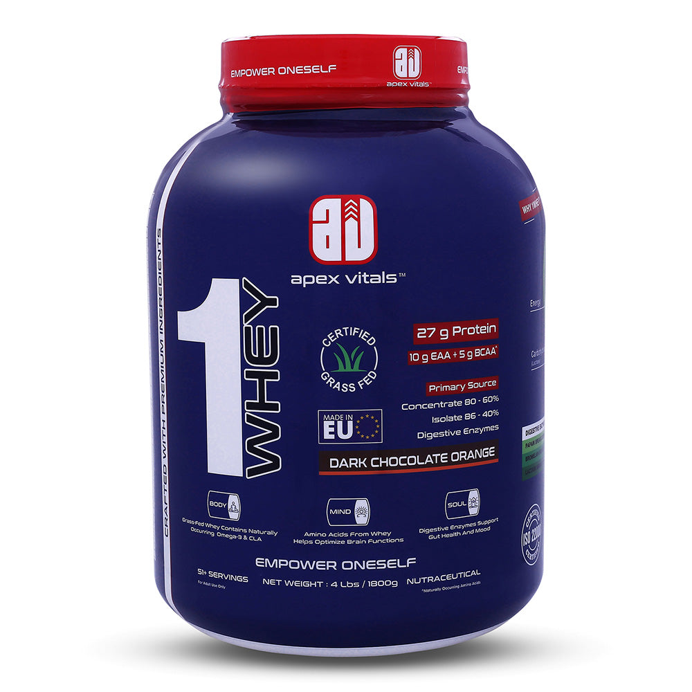 Apex Vitals 1 Whey – Grass-Fed Protein Powder | 27g Protein | 10g EAA + 5g BCAA | Concentrate & Isolate Blend | With Enzymes | EU-Sourced | 4lbs