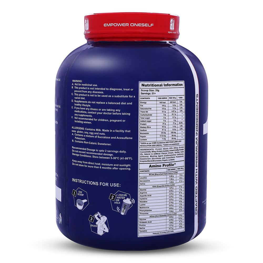 Apex Vitals 1 Whey – Grass-Fed Protein Powder | 27g Protein | 10g EAA + 5g BCAA | Concentrate & Isolate Blend | With Enzymes | EU-Sourced | 4lbs